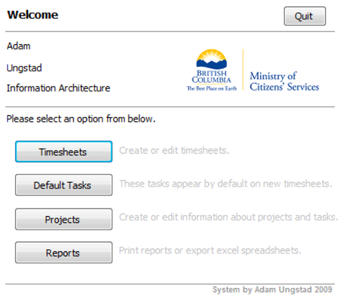 Welcome screen of the TimeTracker system